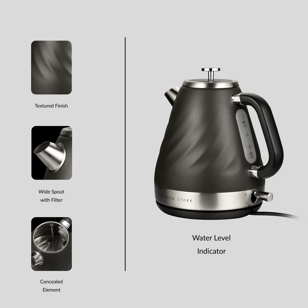 Boden Stark 1.7L Stainless Steel Kettle in charcoal with textured finish, wide spout, and water level indicator.