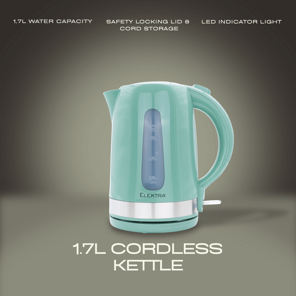 ELEKTRA 2200W 1.7L cordless kettle in teal with safety locking lid and LED indicator light.