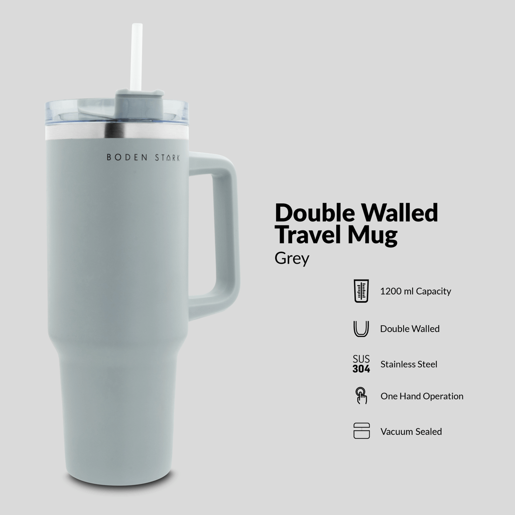 Boden Stark 1200ml grey double walled travel mug with one hand operation and vacuum seal.