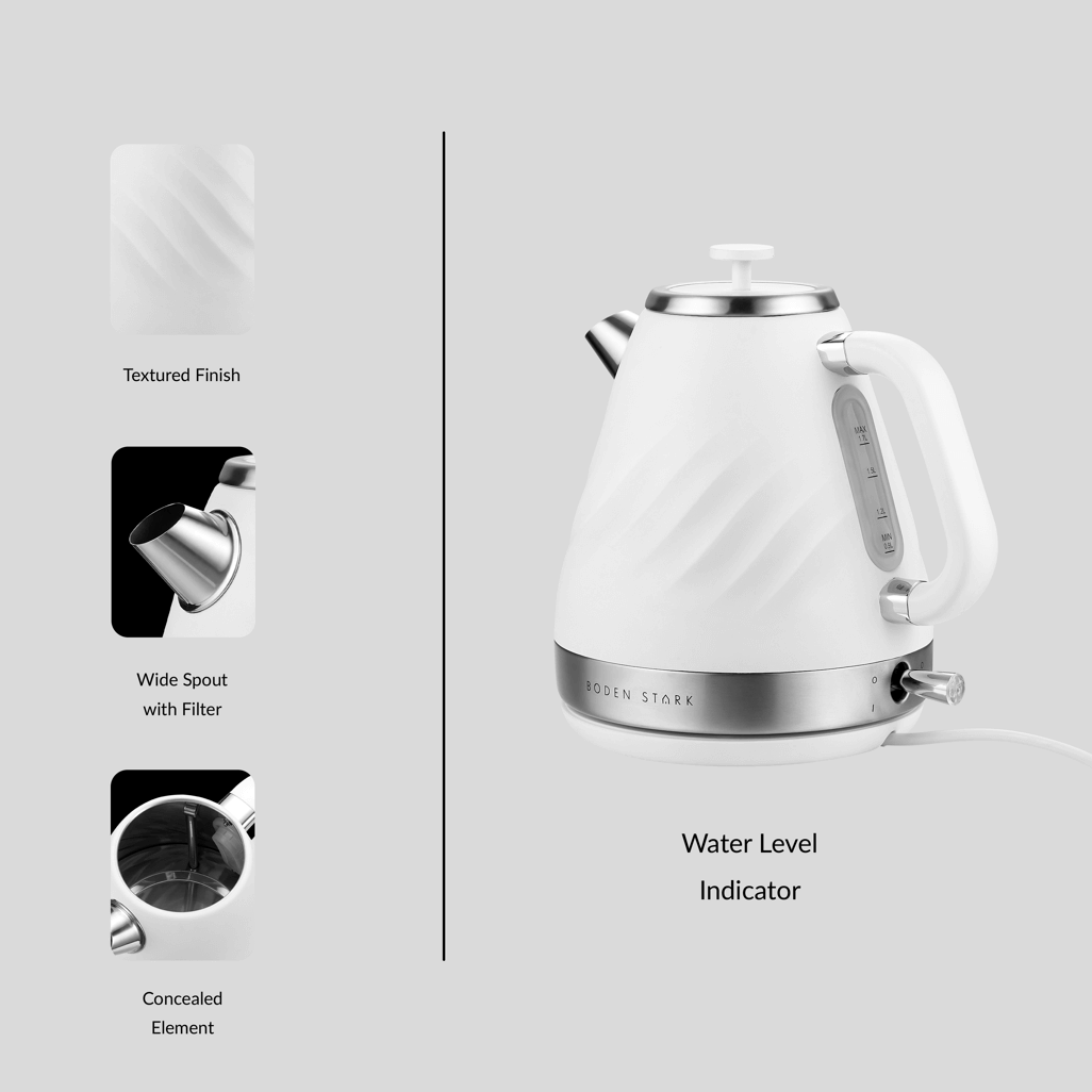 Boden Stark 1.7L stainless steel kettle in white with textured finish, wide spout, and water level indicator.