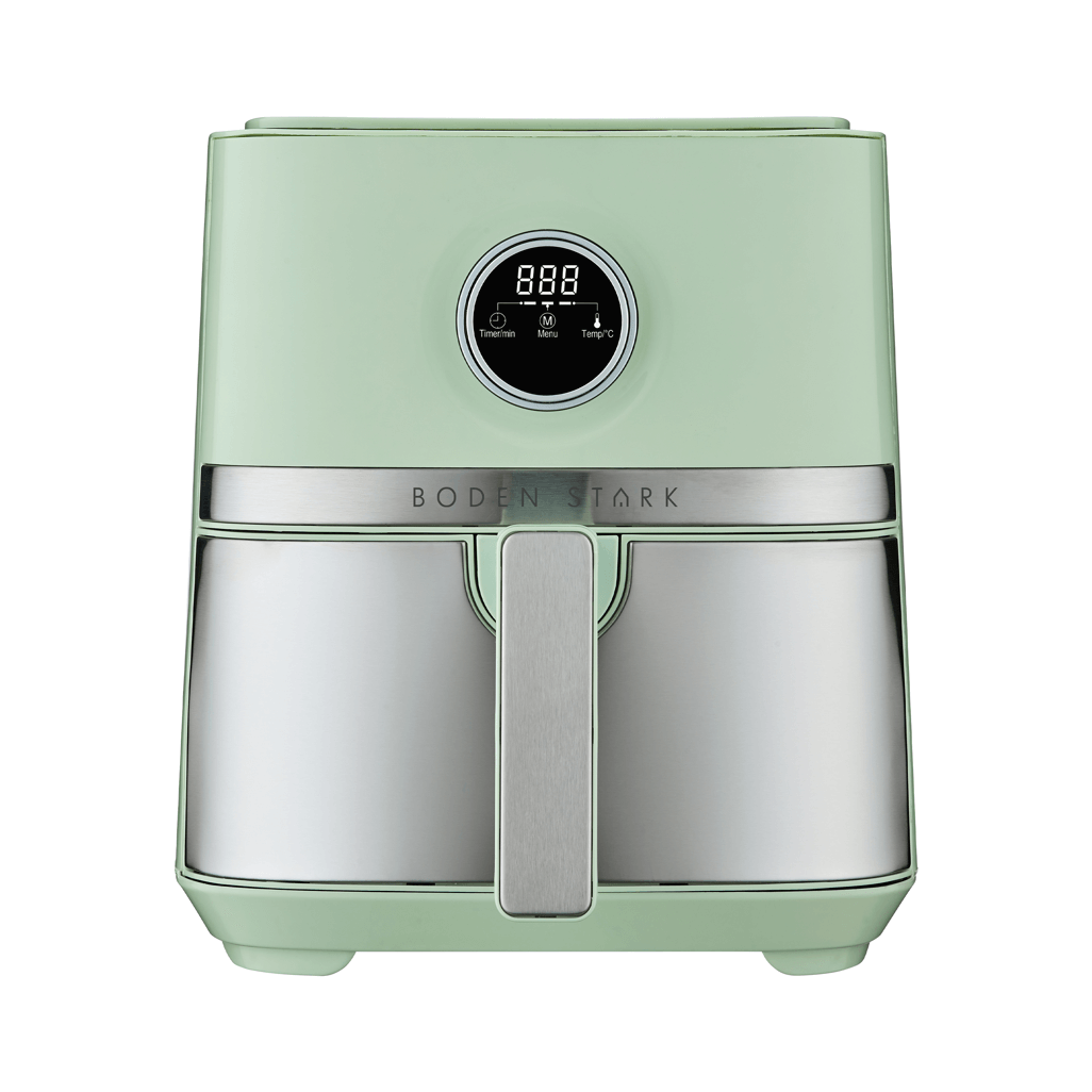 Boden Stark 5.0L digital air fryer in green with digital display and stainless-steel accents.