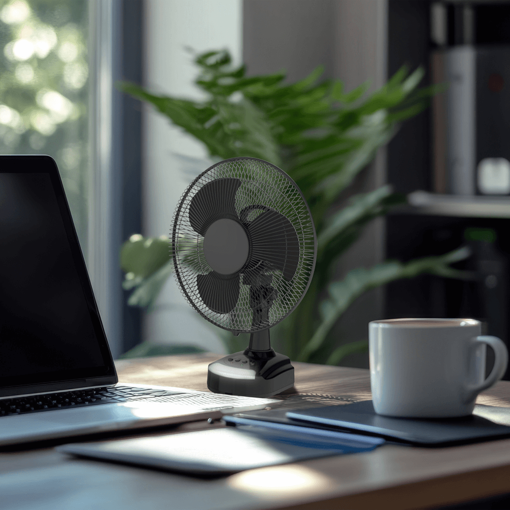 ELEKTRA EVERLAST 12 inch desk fan on a workspace beside a laptop and coffee cup, surrounded by greenery.