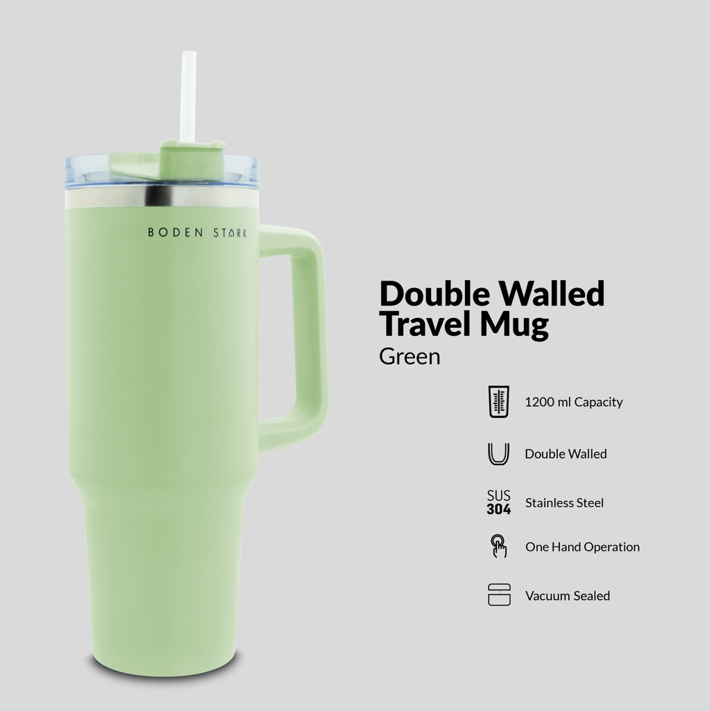 Boden Stark 1200ml green travel mug, double-walled, stainless steel, vacuum sealed for on-the-go use.