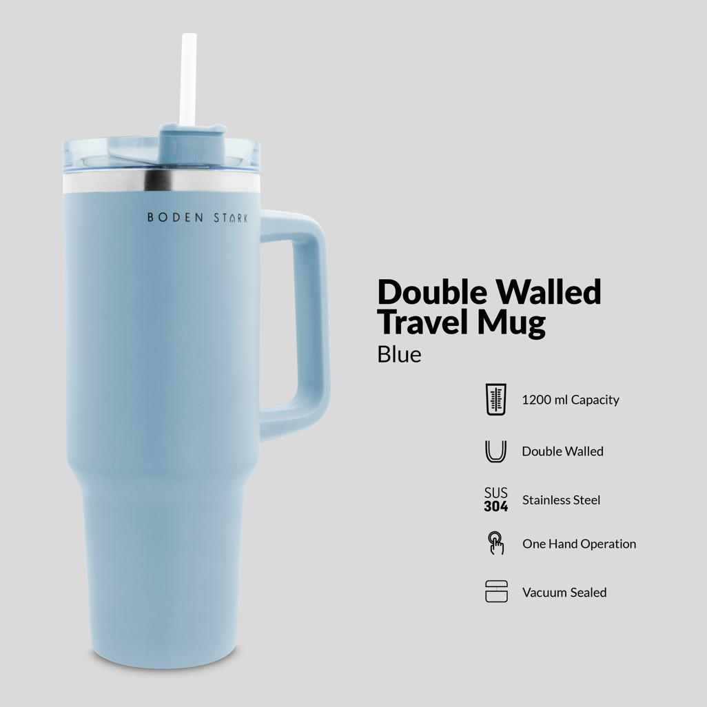 Boden Stark 1200ml Blue Travel Mug, double-walled, vacuum sealed, stainless steel, one hand operation.