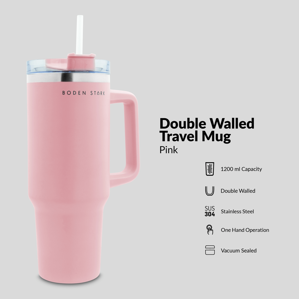 Boden Stark 1200ml Pink Travel Mug, double-walled, stainless steel, vacuum sealed, one-hand operation.