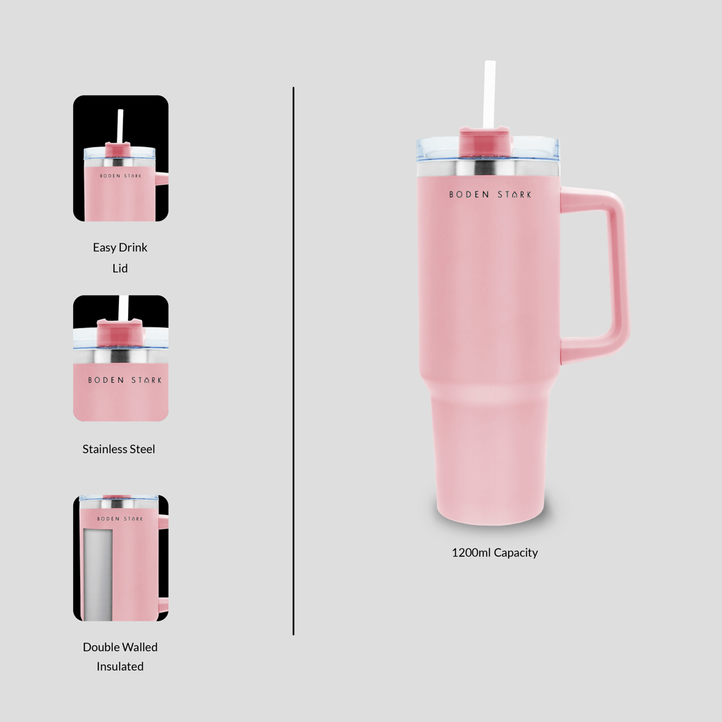 Boden Stark 1200ml Pink Travel Mug with easy drink lid, double-walled insulation, and stainless steel.