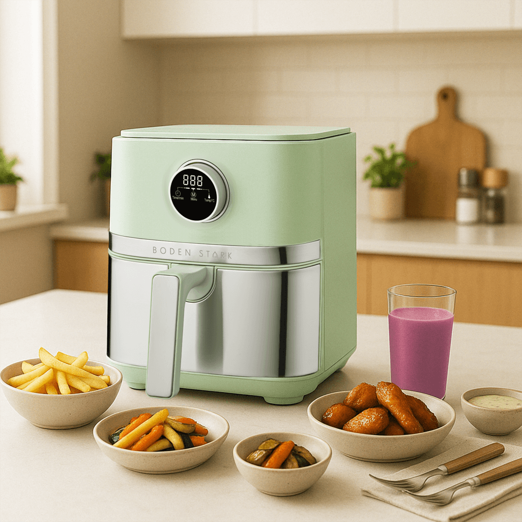 Boden Stark 5.0L digital air fryer in green, with bowls of food and a drink on a kitchen table.