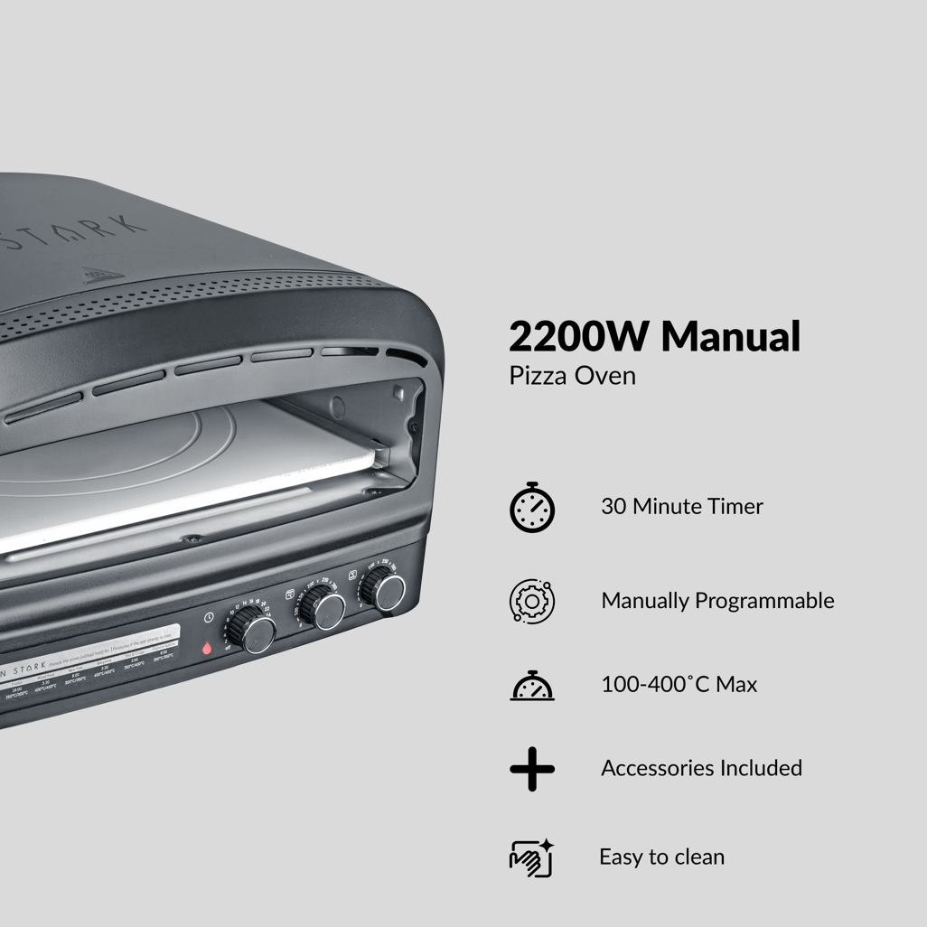 Boden Stark Manual Pizza Oven with 2200W power, 30-minute timer, adjustable temperature, and accessories included.