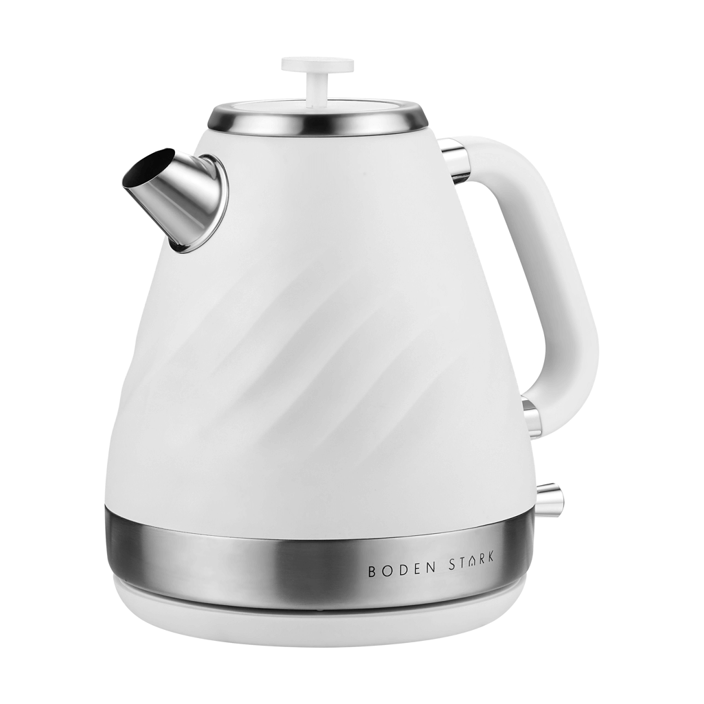 Boden Stark 1.7L stainless steel kettle in white with ergonomic handle and sleek design.