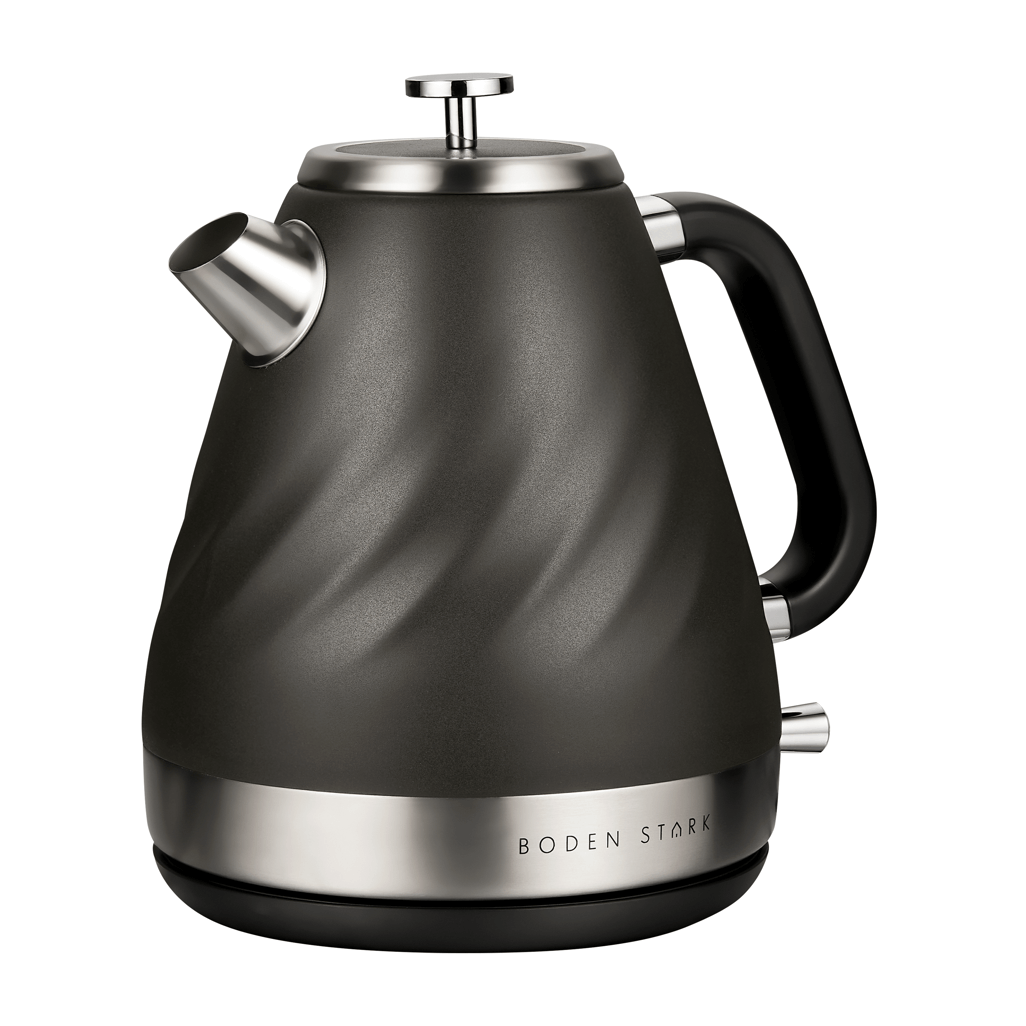 Boden Stark 1.7L Stainless Steel Kettle in charcoal with a sleek design and ergonomic handle.