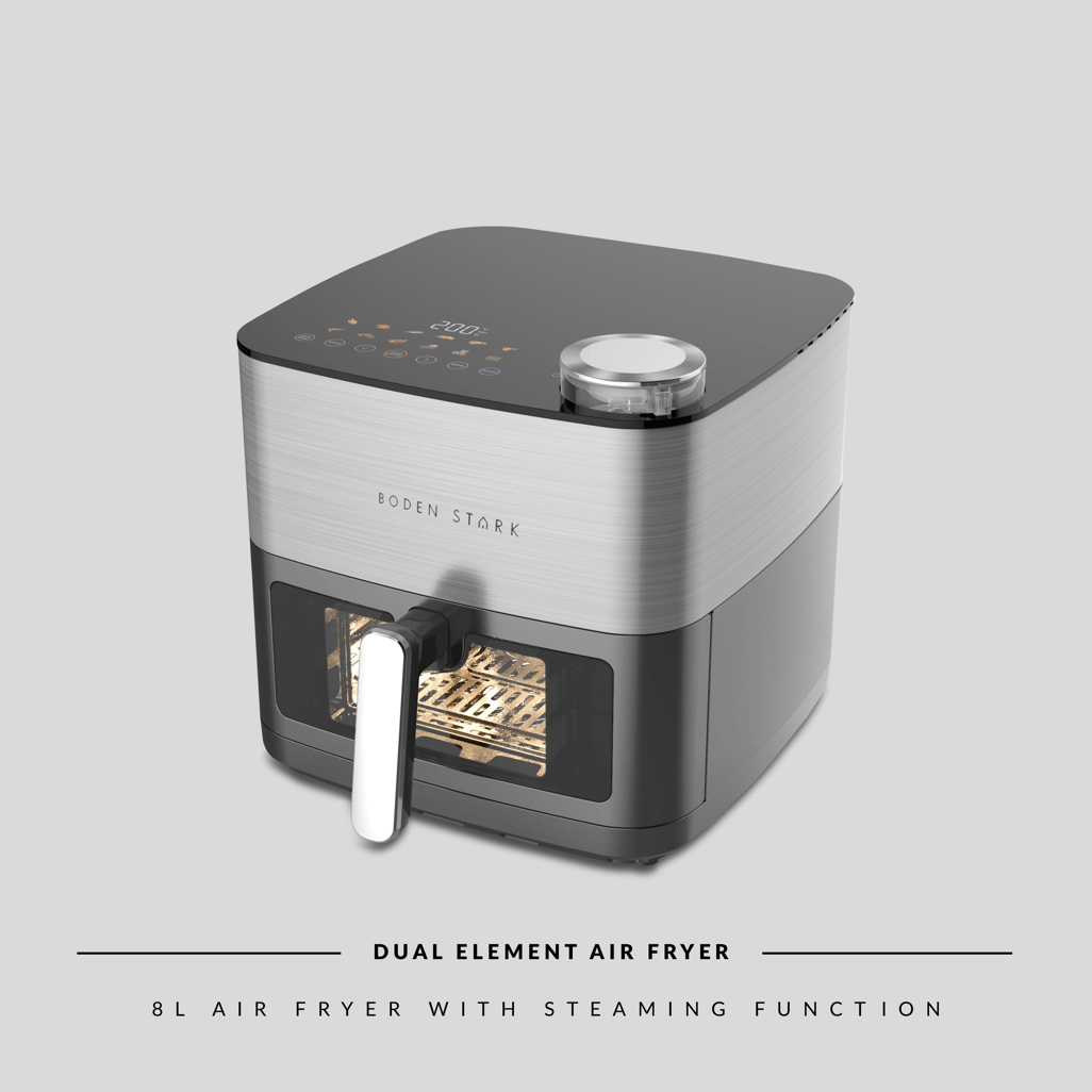 Boden Stark 8L Dual Element Air Fryer featuring a steaming function for healthier cooking.