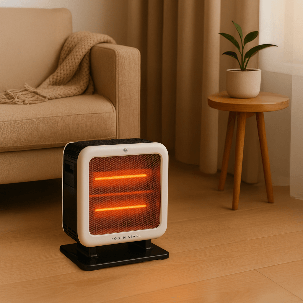 Boden Stark Double Sided Bar Heater in a cozy living room setting with a sofa and plant.
