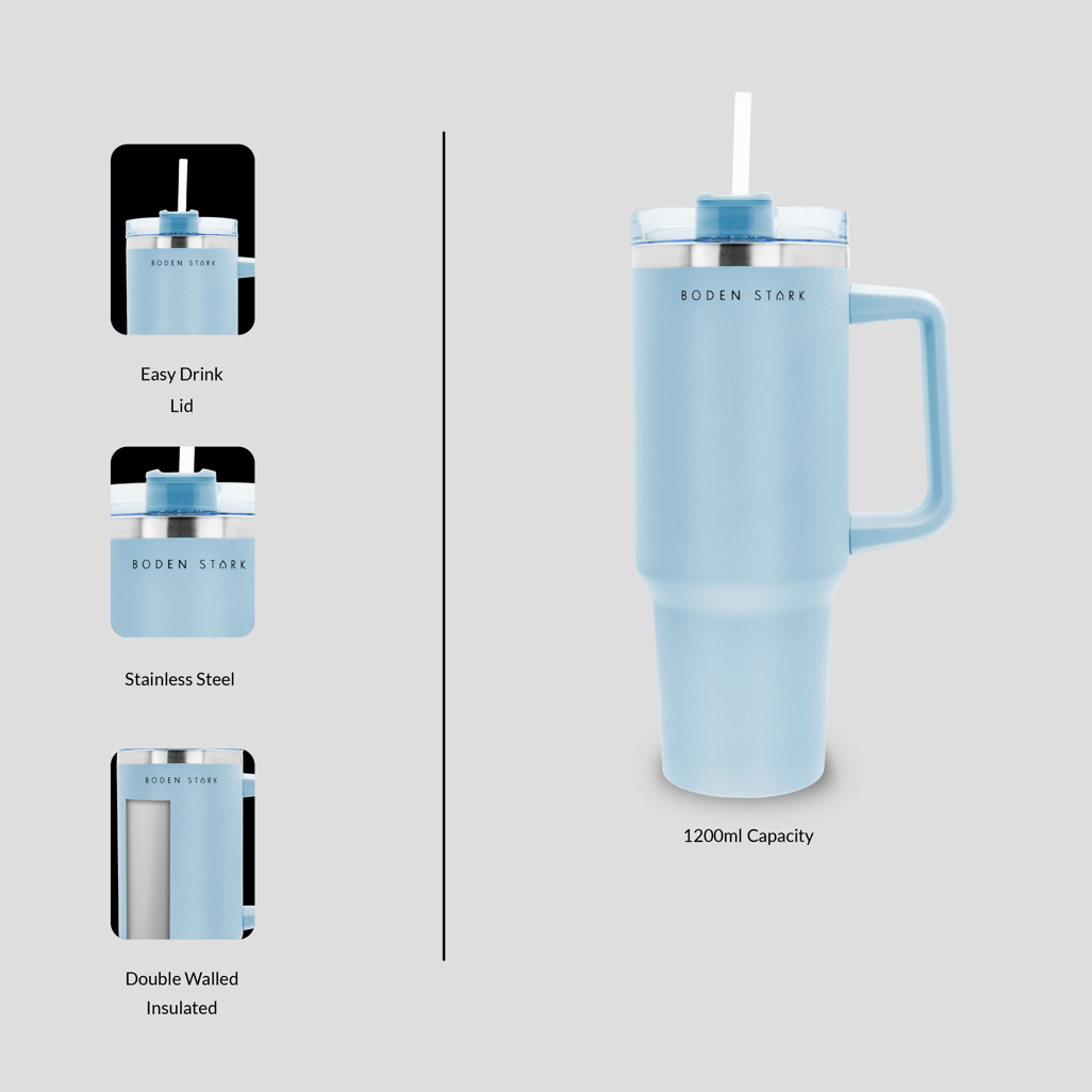 Boden Stark 1200ml Blue Travel Mug, double-walled insulated, easy drink lid, stainless steel, ideal for on-the-go hydration.