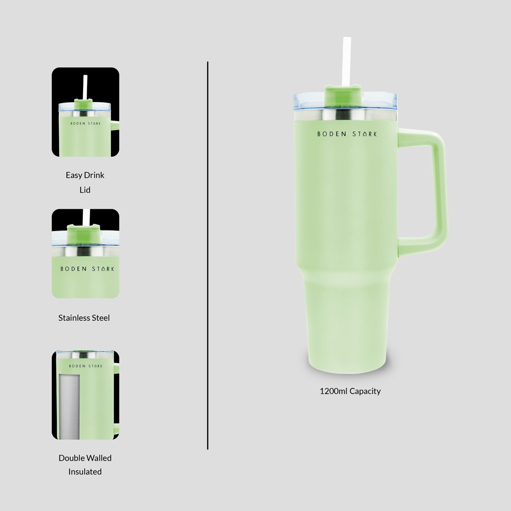 Boden Stark 1200ml Travel Mug in green, featuring easy drink lid, stainless steel, and double-walled insulation.