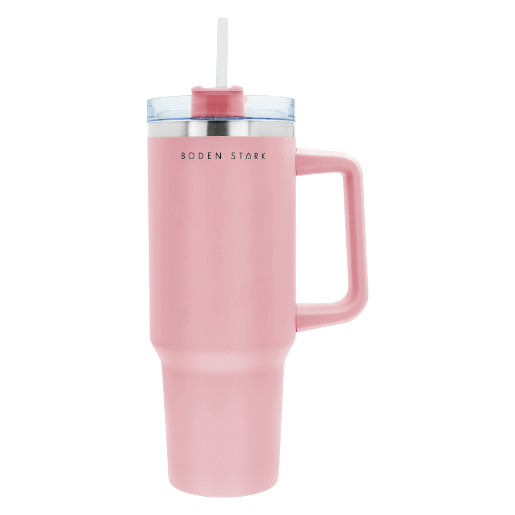Boden Stark 1200ml Travel Mug in Pink with straw and handle, perfect for on-the-go drinks.