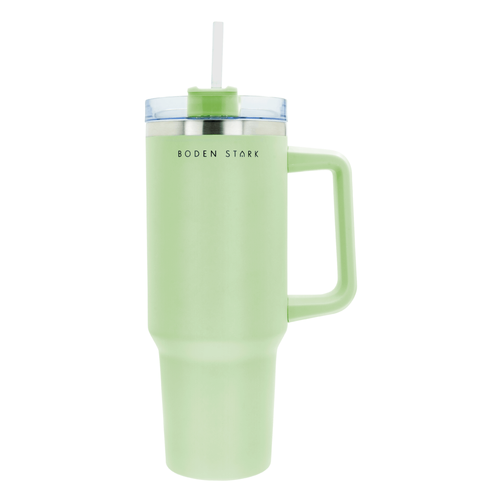 Boden Stark 1200ml travel mug in green with a straw, perfect for on-the-go hydration and stylish design.