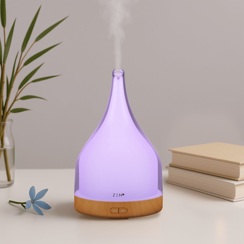 Zen Solace Diffuser in light wood with purple glow and steam, perfect for aromatherapy and relaxation.