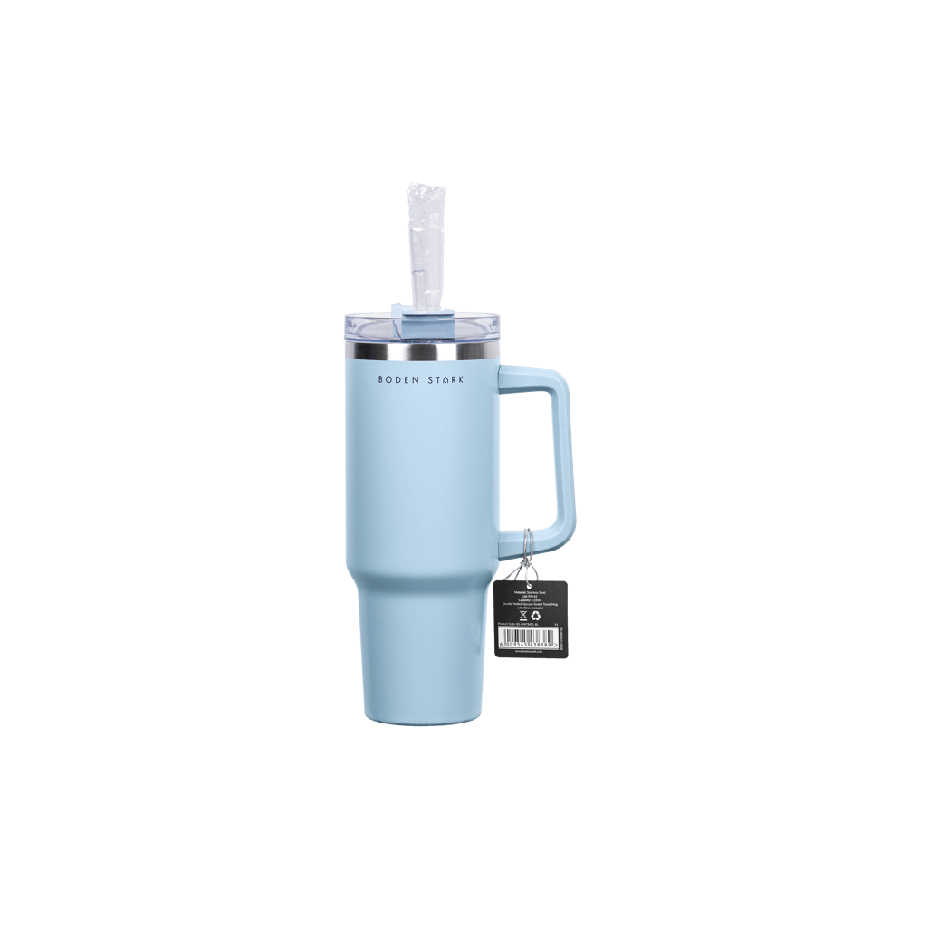 Boden Stark 1200ml travel mug in blue with straw and handle, ideal for on-the-go hydration.