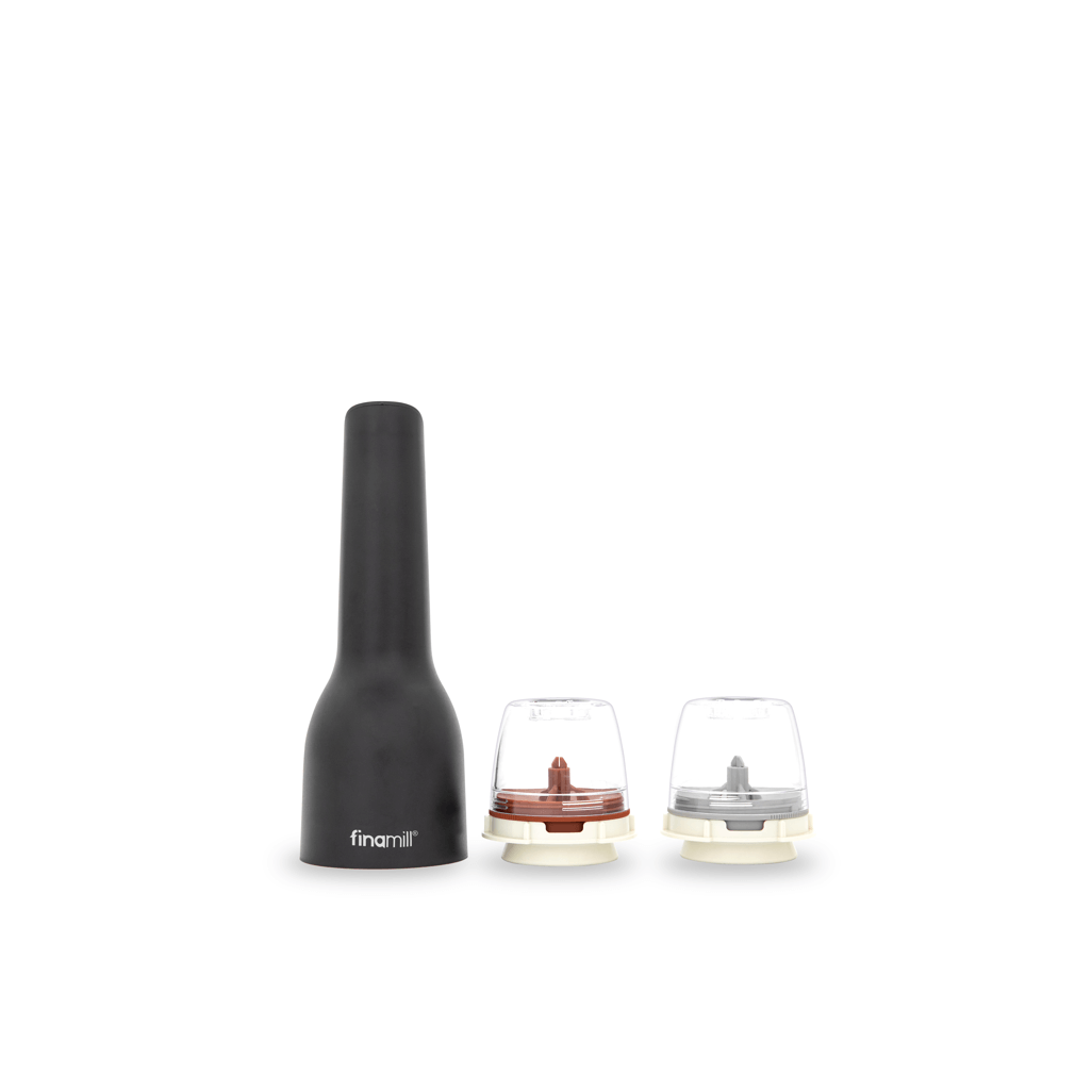 FINAMILL rechargeable grinder in Midnight Black with two interchangeable grinding containers.