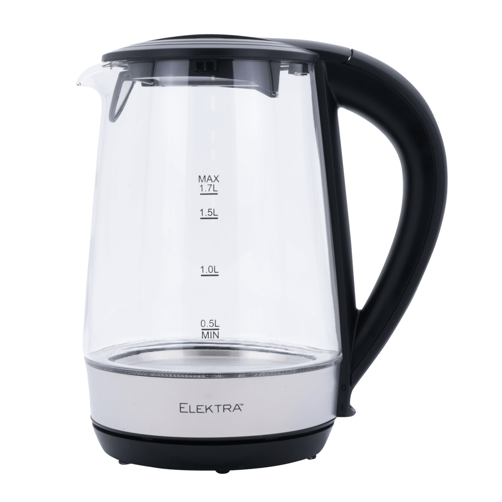 ELEKTRA 1.7L Glass Kettle with sleek design, 2200W fast boil, and 360° cordless base for easy use.