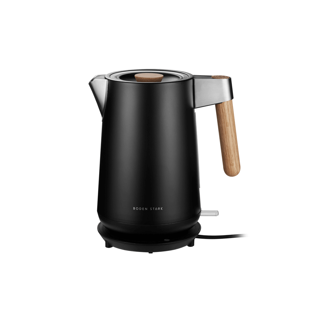 Boden Stark Anson Collection black stainless steel kettle with wooden handle, 1.7L capacity and 2000W power.