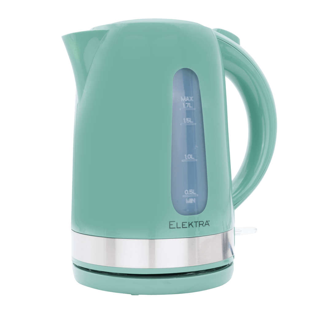 ELEKTRA 2200W green plastic kettle with stainless steel accent and 1.7L capacity for easy boiling.