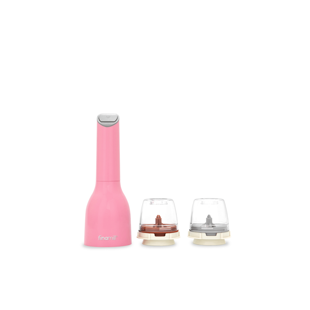 FINAMILL battery operated pink grinder with two interchangeable bowls for grinding spices and herbs.