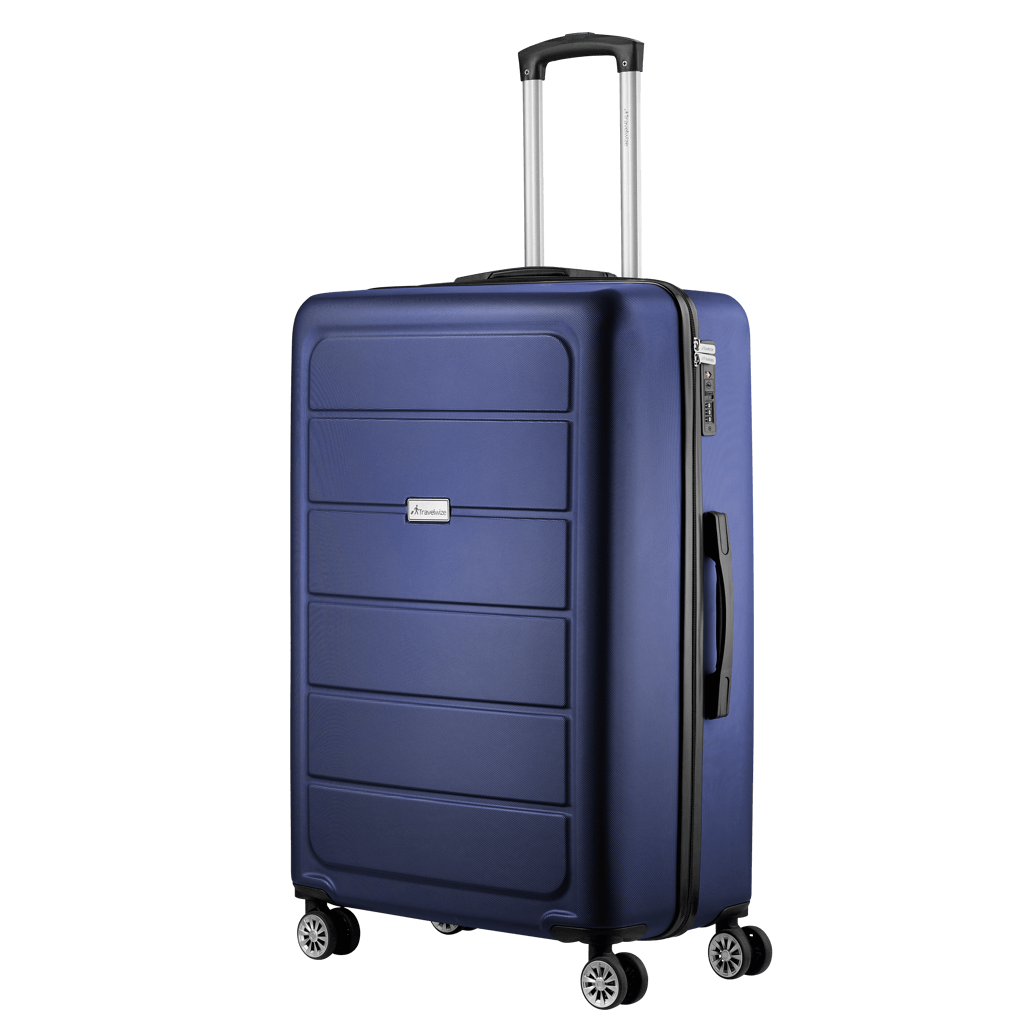 Travelwize Maple ABS 75cm spinner luggage in navy color, featuring 4 wheels for easy maneuverability.