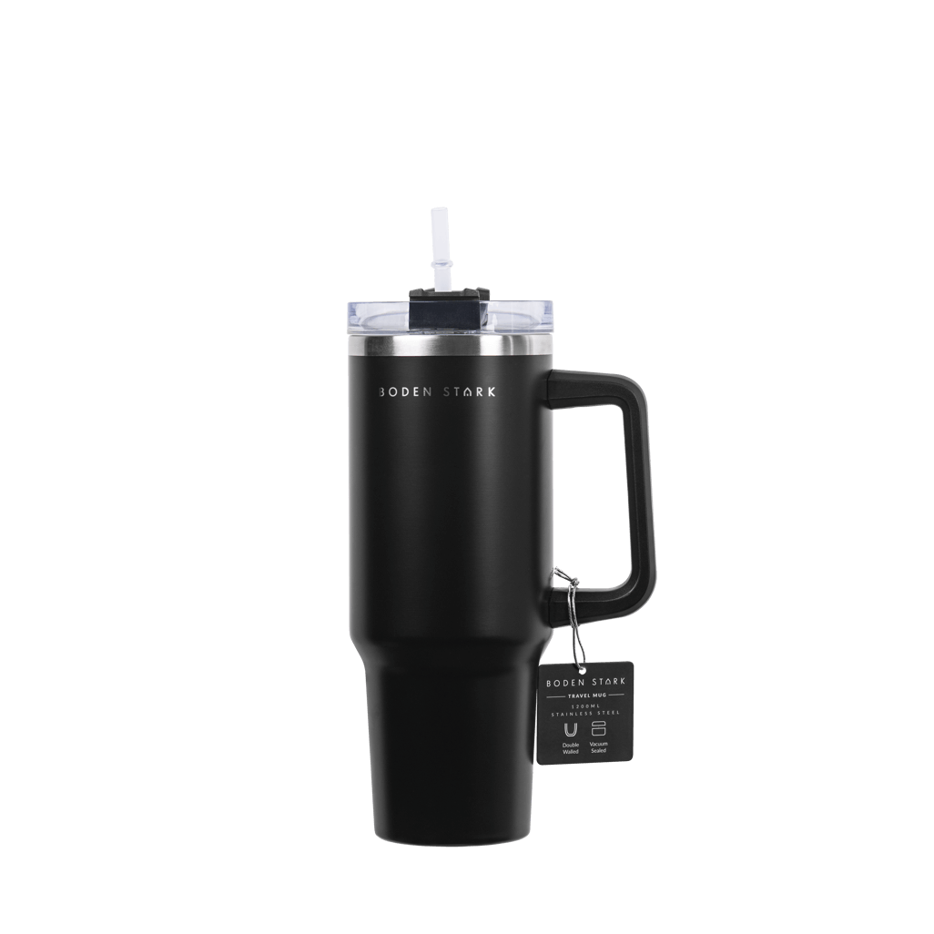 Boden Stark 1200ml black travel mug with a handle and lid, ideal for on-the-go beverages.