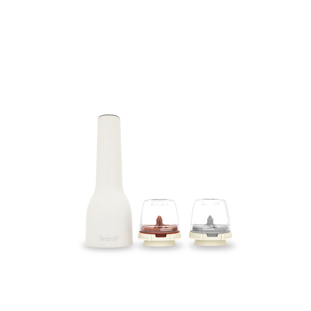 FINAMILL RECHARGEABLE grinder in Soft Cream with two interchangeable grinding containers.