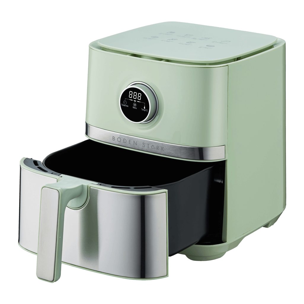 Boden Stark 5.0L Digital Air Fryer in green with open drawer, perfect for healthy cooking and frying.