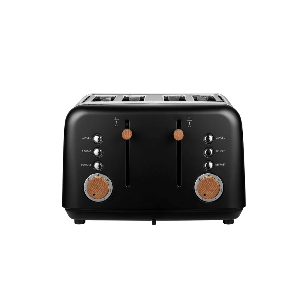 Boden Stark Anson Collection black stainless steel 4 slice toaster with wood accents and control buttons.
