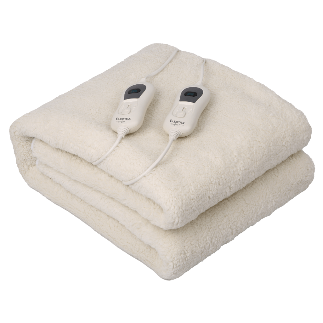 ELEKTRA E/CMFRT electric blanket in cream color with dual controllers, perfect for king-sized bedding comfort.