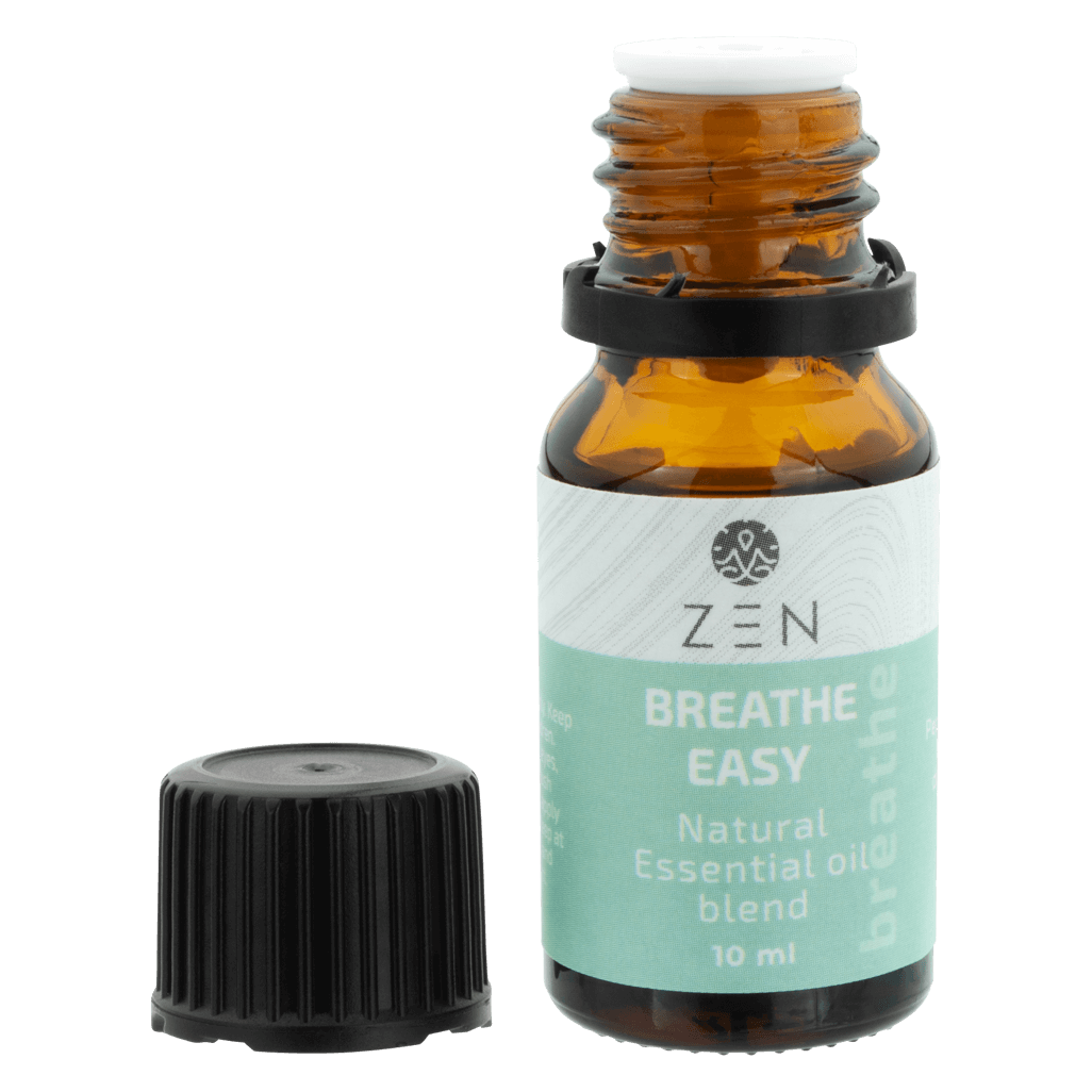 Zen Oil Breathe Easy essential oil blend in amber bottle, promoting relaxation and easy breathing, 10 ml.