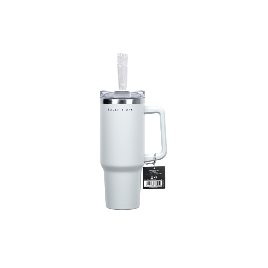 Boden Stark 1200ml Travel Mug in Grey, featuring a secure lid and durable handle, ideal for on-the-go drinks.