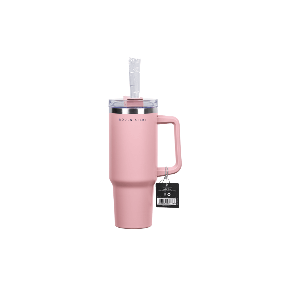 Boden Stark 1200ml Travel Mug in Pink with straw and handle, perfect for on-the-go hydration.