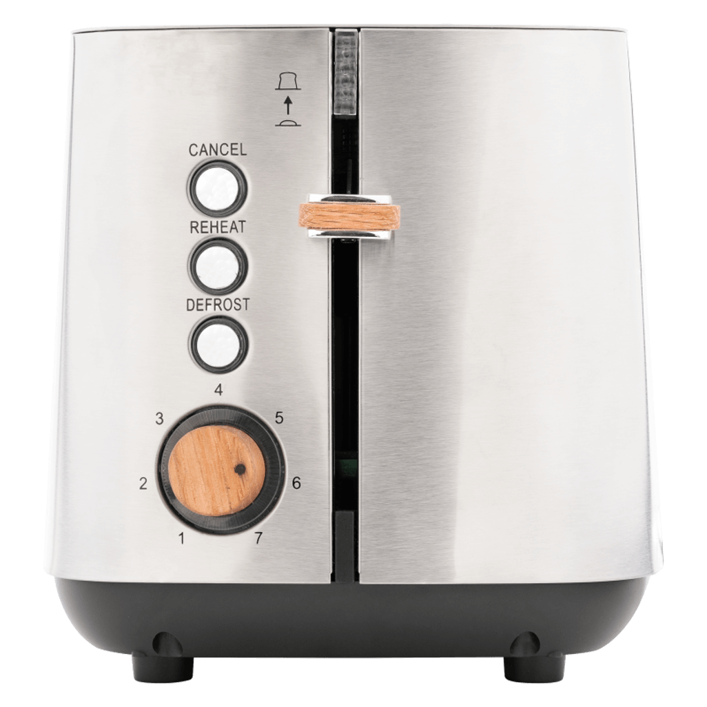 Boden Stark Anson 2 Slice Stainless Steel Toaster with red oak knobs and 7-level browning control.