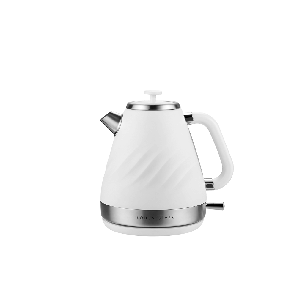 Boden Stark 1.7L stainless steel kettle in white with a stylish design and ergonomic handle.
