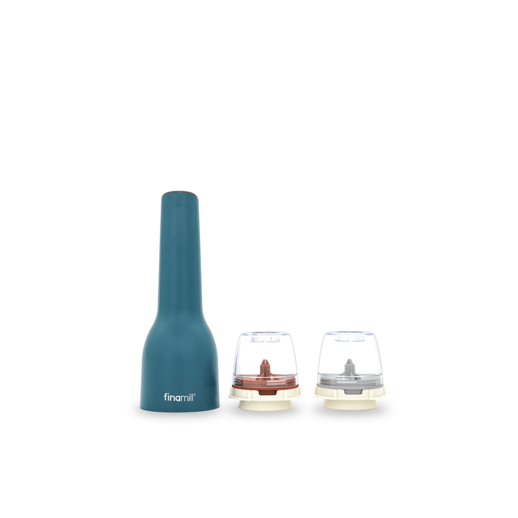 FINAMILL Rechargeable Grinder in Ocean Blue with two interchangeable grinding containers.