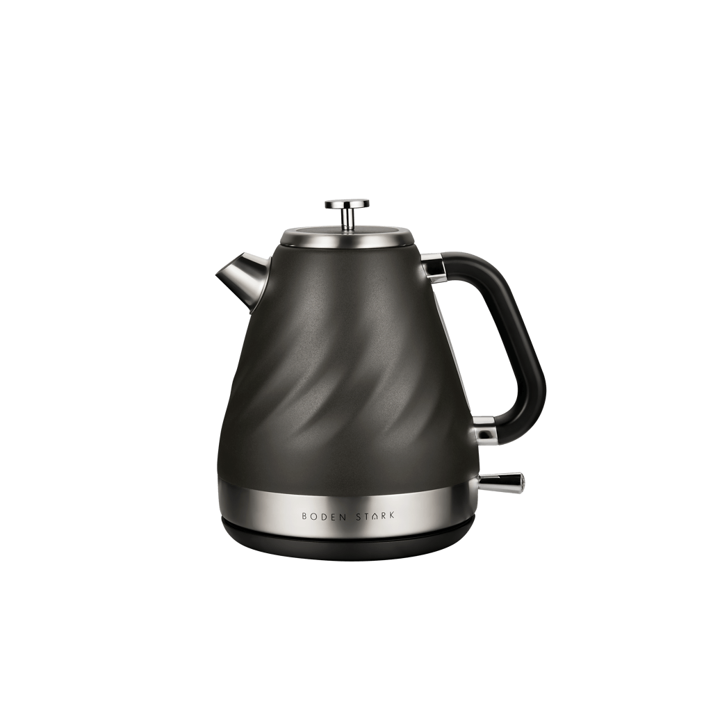 Boden Stark 1.7L stainless steel kettle in charcoal color with sleek design and ergonomic handle.