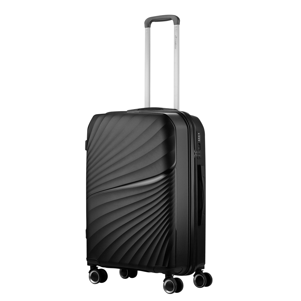 Travelwize Quartz 66cm black spinner luggage with four wheels, showcasing a sleek design and sturdy handle for travel.
