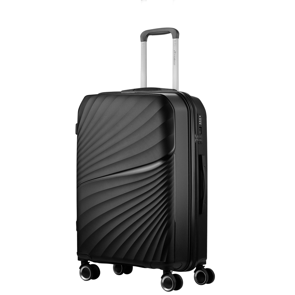 Travelwize Quartz PP 76cm black 4-wheel spinner luggage with textured design, ideal for stylish travel.
