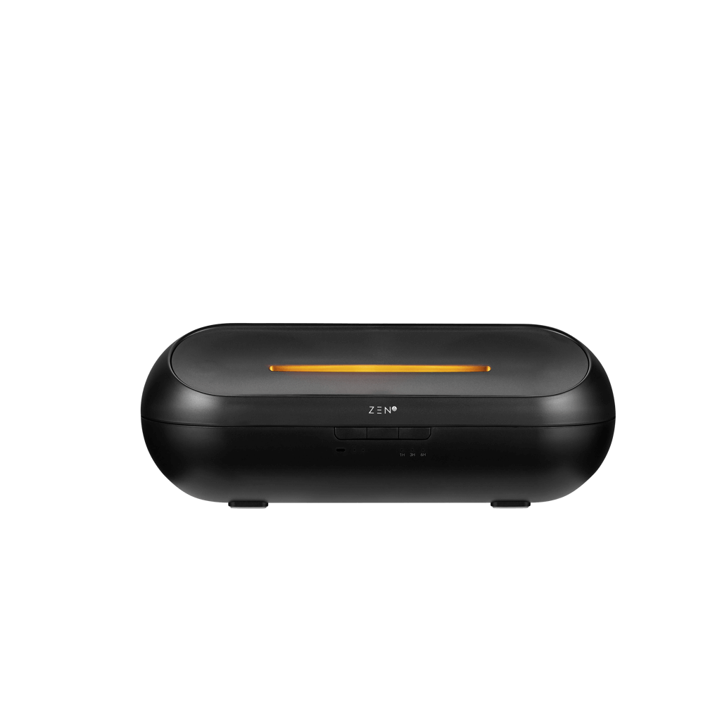 Zen Radiant Diffuser in sleek black design with a glowing orange light, perfect for enhancing your space's ambiance.