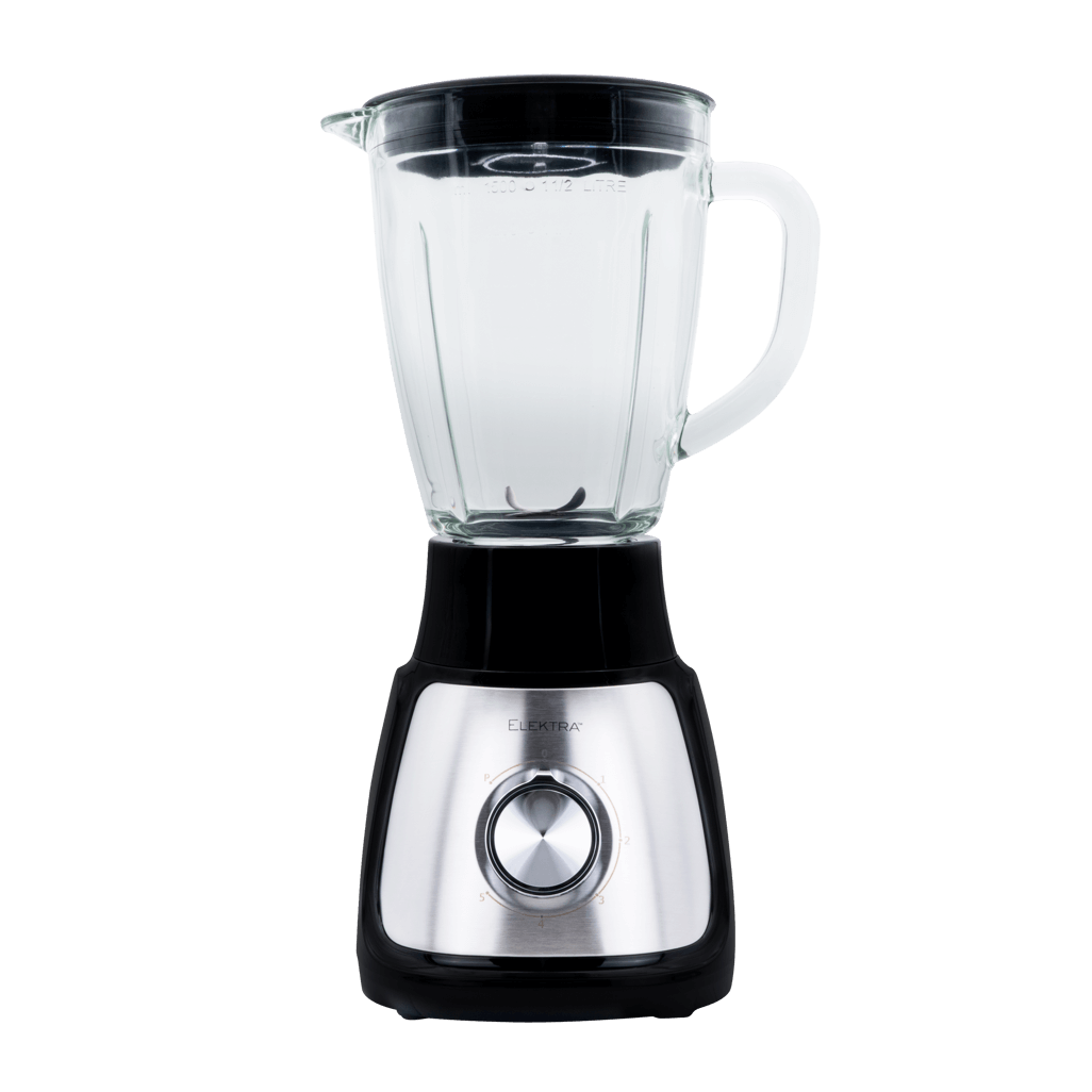 ELEKTRA 500W 1.5L glass jug blender with sleek design and metal base, perfect for smoothies and soups.