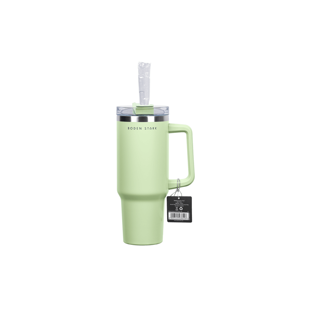 Boden Stark 1200ml Travel Mug in green, featuring a handle and straw, perfect for travel and hydration.