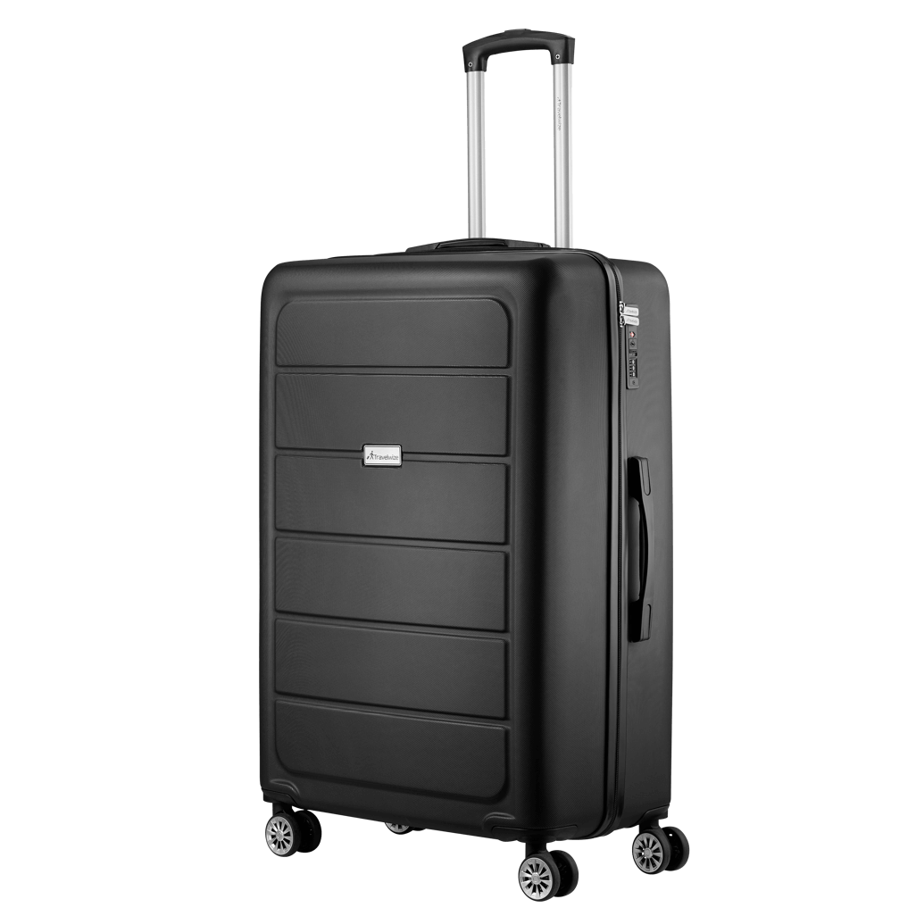 Travelwize Maple ABS 75cm spinner luggage in black, featuring four wheels for easy mobility.