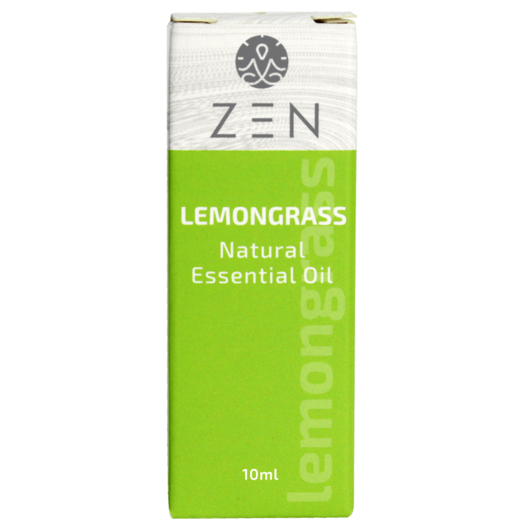 Zen Oil Lemongrass essential oil packaging, 10ml, promotes relaxation and enhances well-being.