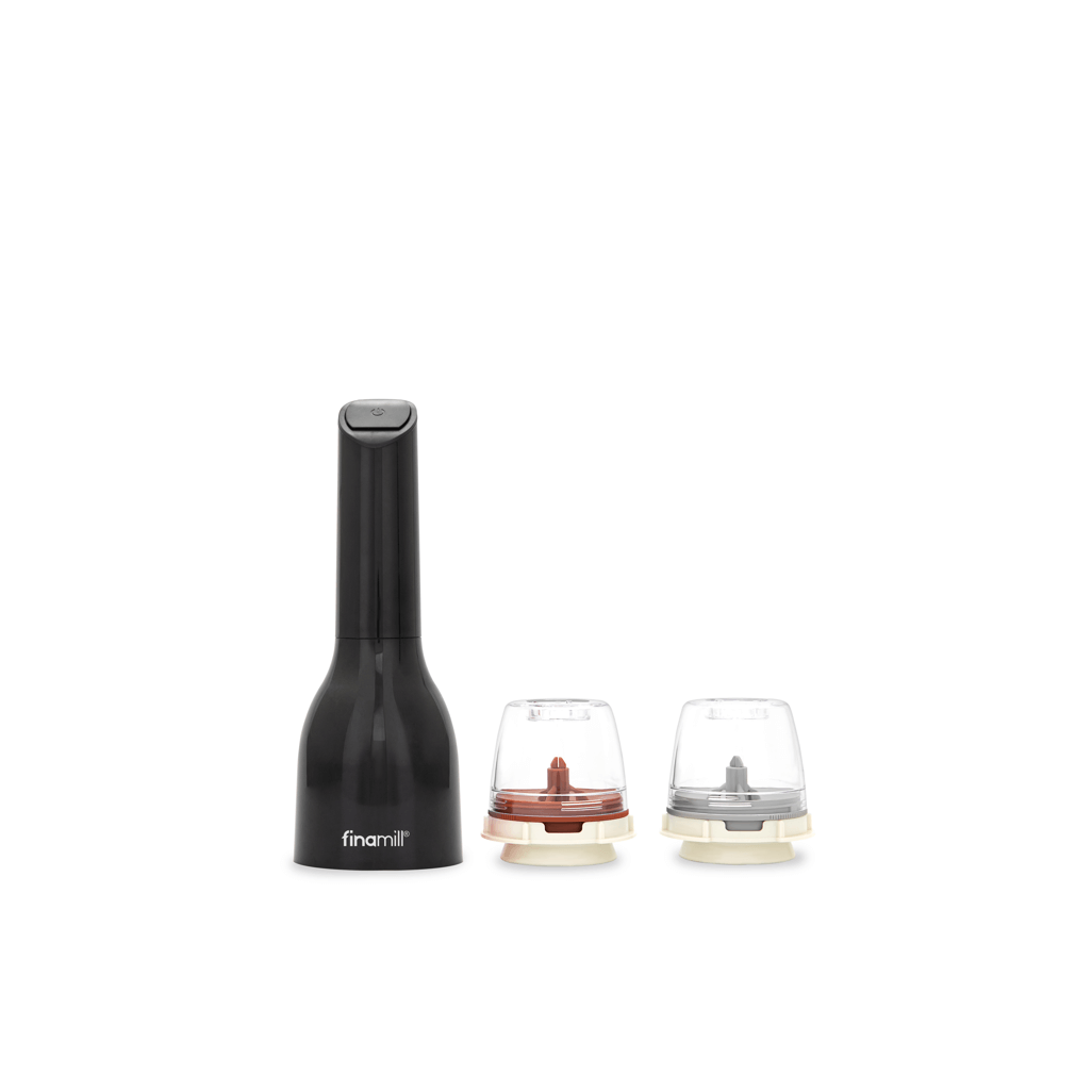 FINAMILL battery-operated grinder in Midnight Black with two interchangeable grinding cups.