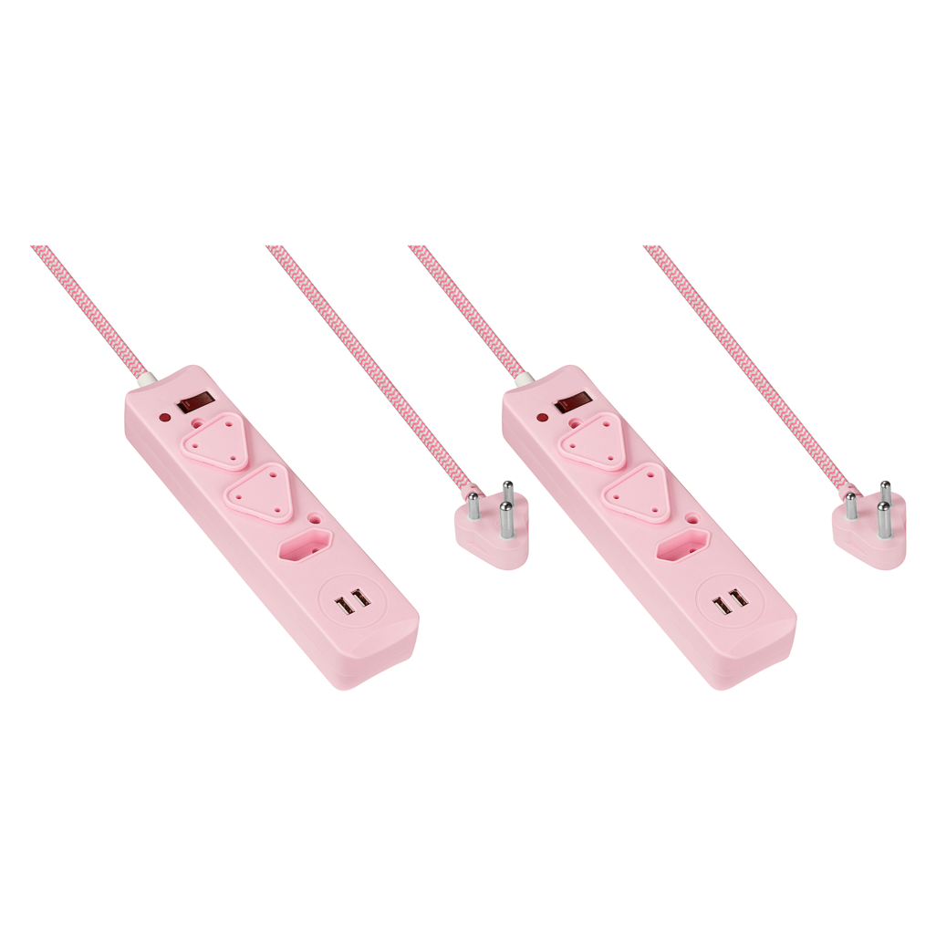 2x 3 Way Surge Multiplug with Dual USBs Pink-3M