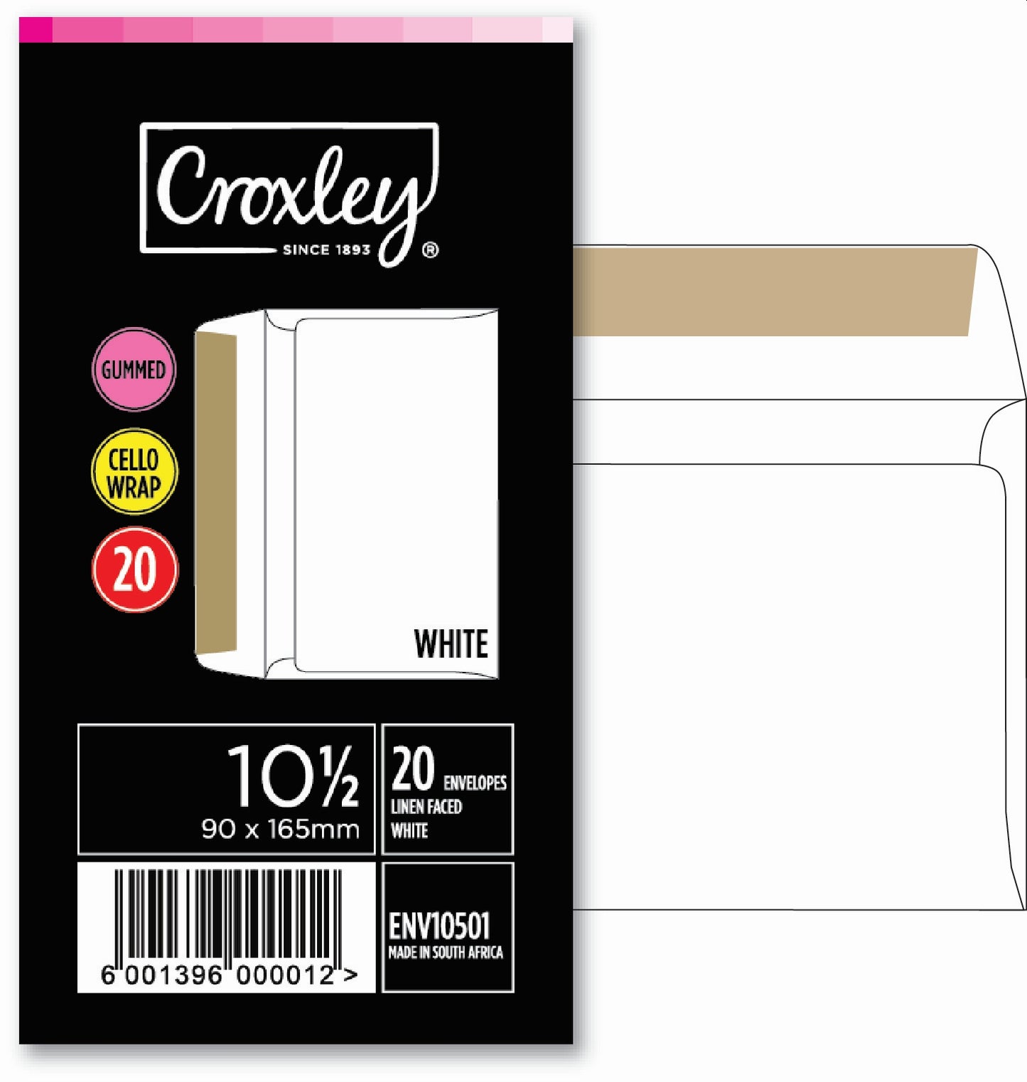 CROXLEY JD 10 and a Half Linen Faced White Gummed Envelopes - 90X165 - Banded 20's (Box of 20 Packets)